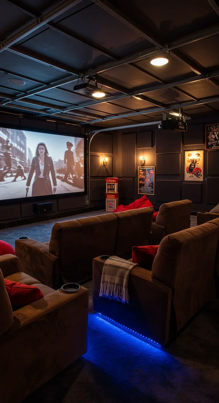 Luxe thuisbioscoop in garage met groot scherm, loungebanken en blauwe LED-verlichting.