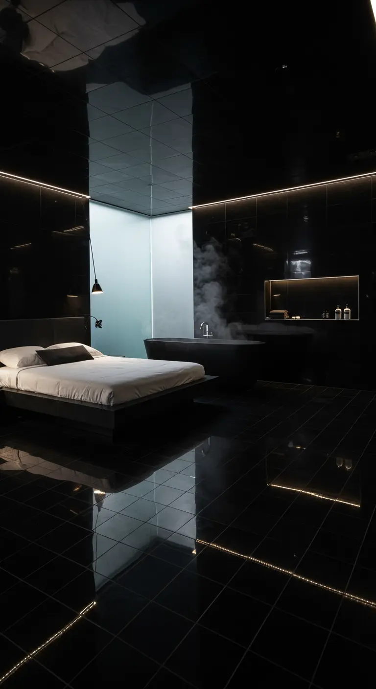 Luxe zwarte slaapkamer met hoogglans tegels, geïntegreerd bad en strategische verlichting.