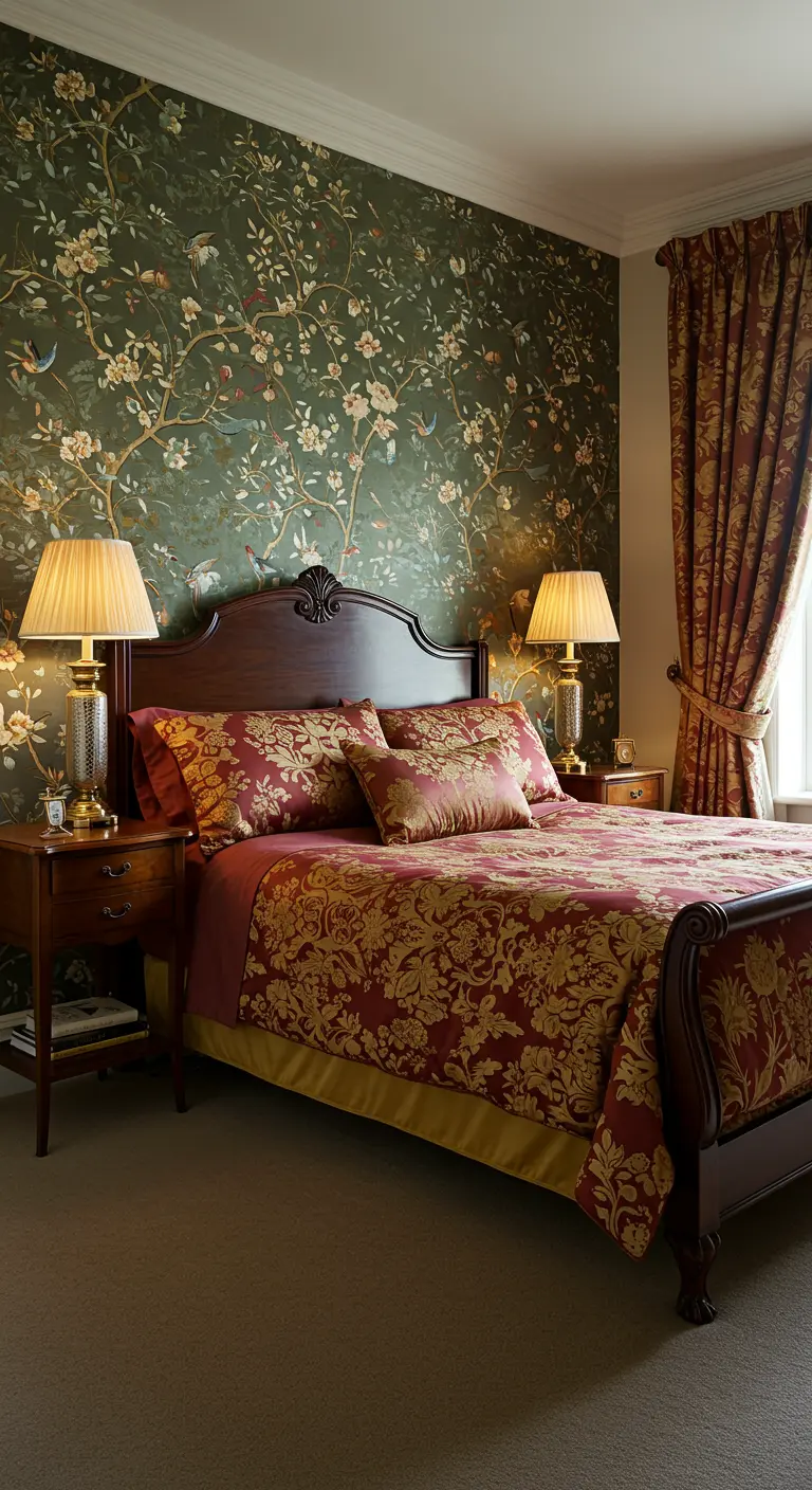 Chique slaapkamer met donkergroen en goud bloemenbehang achter het bed.