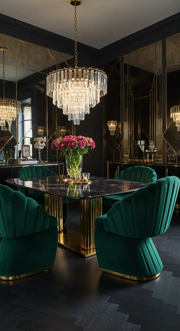 Luxe eetkamer met smaragdgroene fluwelen stoelen, spiegelwanden en een kristallen kroonluchter.