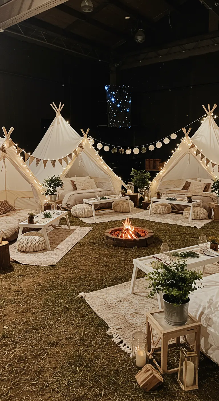 Gezellige glamping setting met tipitenten, vuurkorf en lichtslingers.