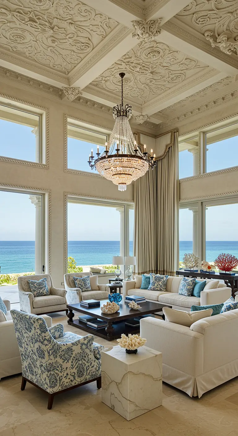 Luxe woonkamer met hoge plafonds, kroonluchter, uitzicht op zee en blauw decor.