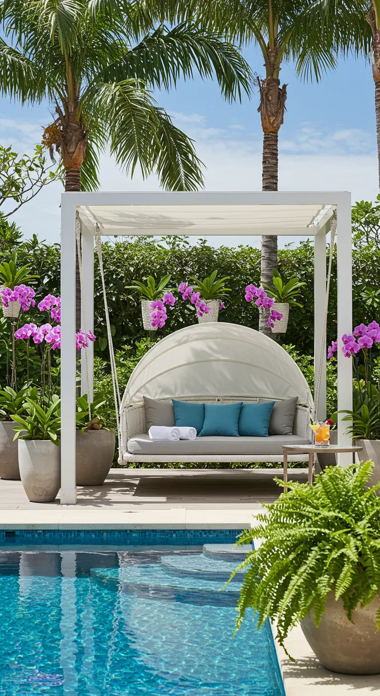 Luxe witte hangbank met overkapping bij een zwembad, geflankeerd door potten met orchideeën.