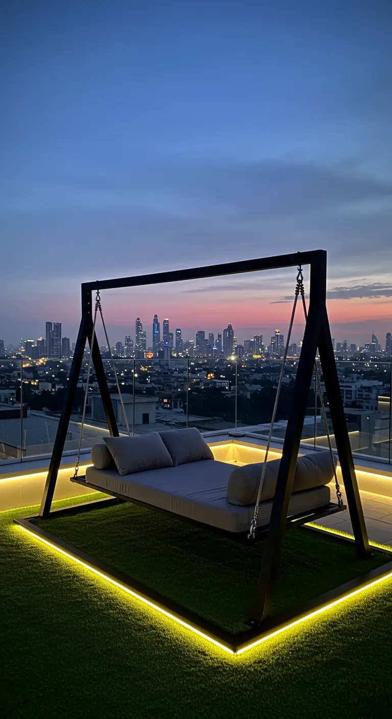 Zwart metalen schommelbed op een dakterras met kunstgras, LED-verlichting en stadsgezicht.
