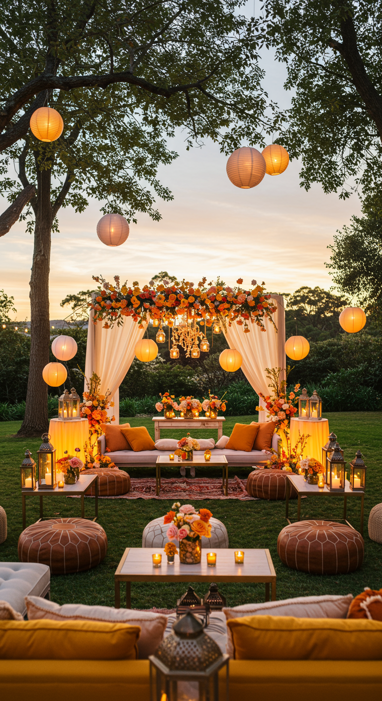 Luxe loungehoek in tuin met baldakijn, lampionnen en warme verlichting.