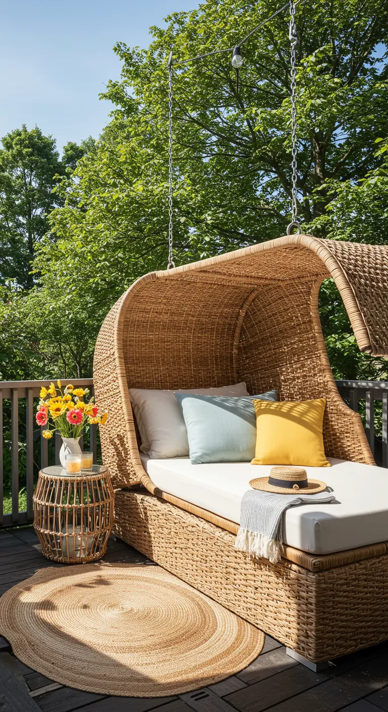 Groot rieten hangend daybed met kussens op een houten terras.