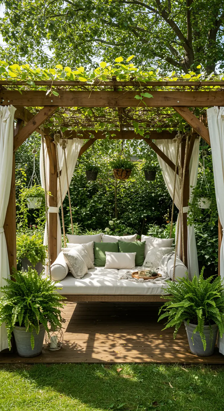 Groot wit schommelbed onder een houten pergola met witte gordijnen en veel kussens.