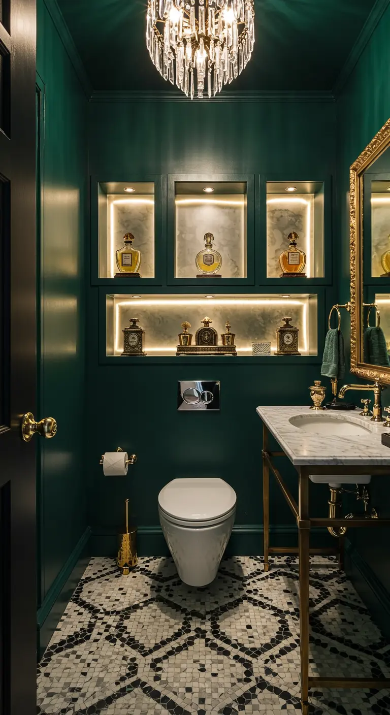 Luxueus groen gastentoilet met gouden accenten en verlichte nissen met parfumflessen.