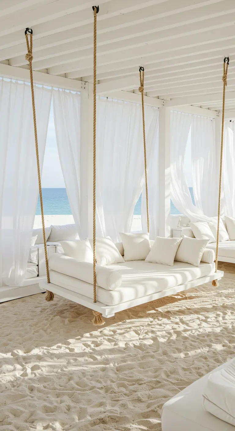 Wit daybed schommel met kussens en witte gordijnen op zand, met zeezicht.
