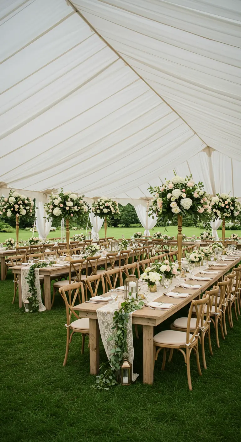 Grote witte partytent voor een bruiloft met hoge bloemstukken en lange tafels met groen.