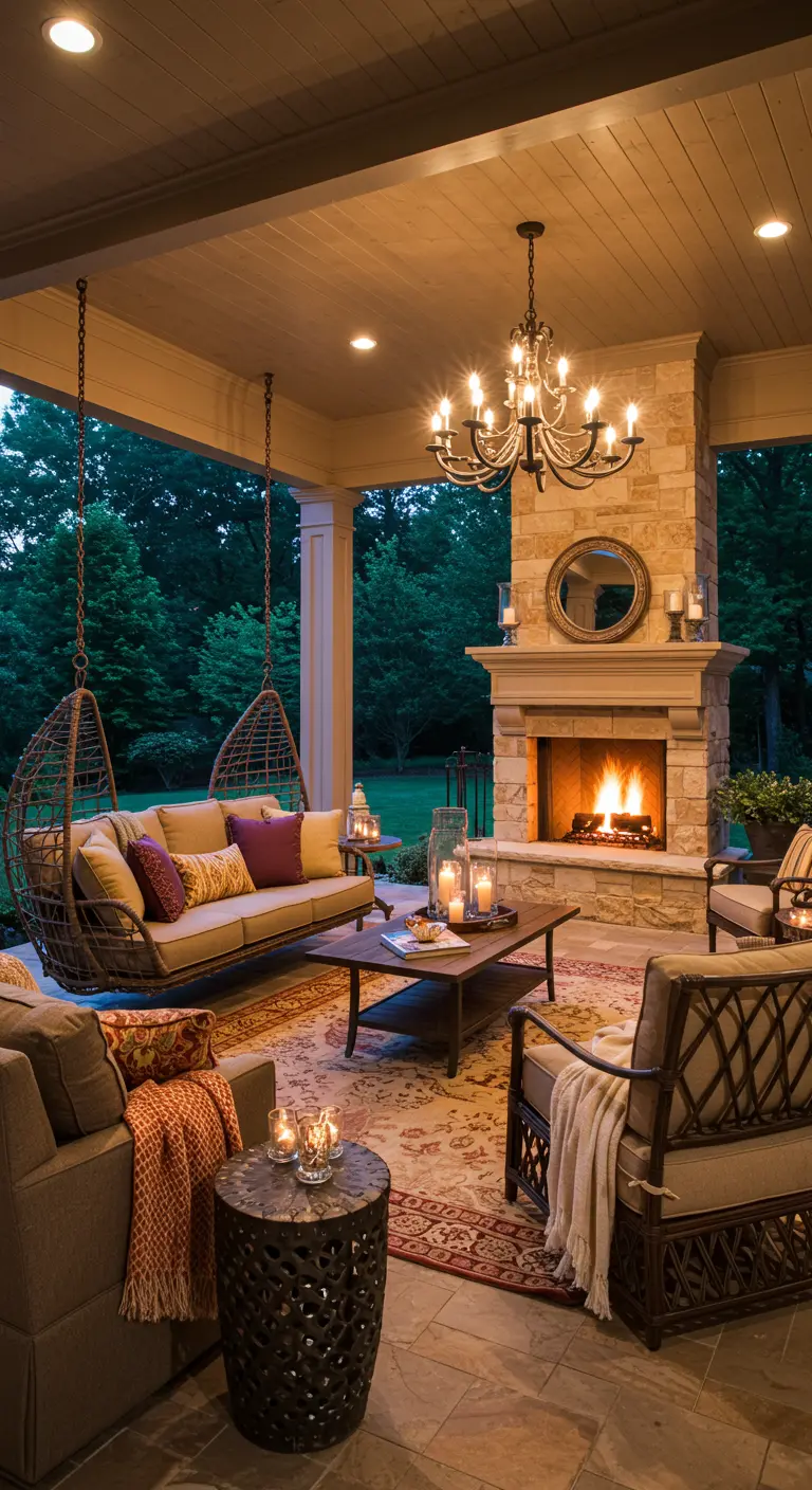 Luxe veranda met stenen open haard, duo-hangstoel en chique loungebanken.