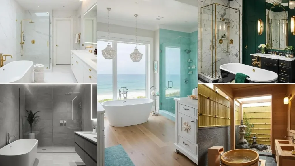 Collage van luxe badkamers met vrijstaande baden, strak design en wellness vibe.