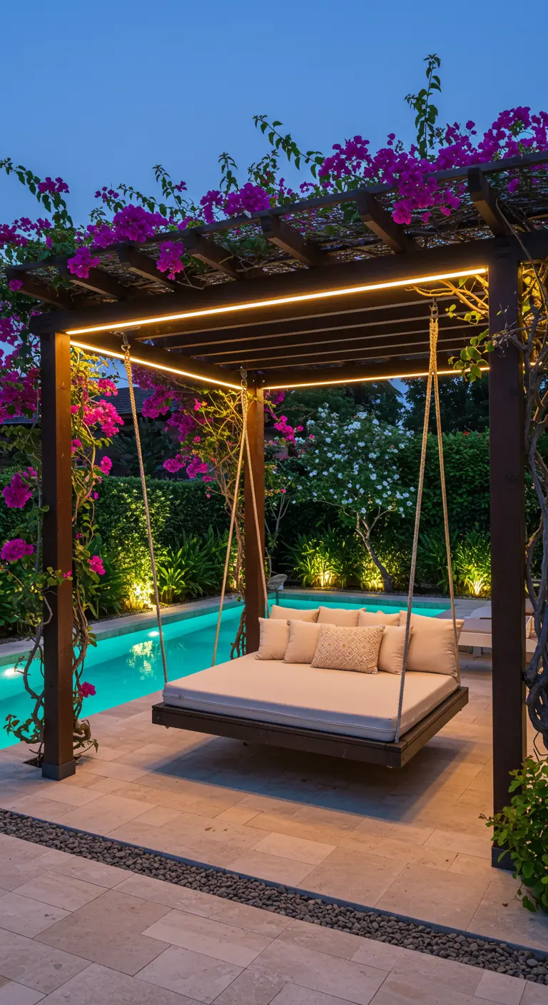 Donkere houten pergola met een zwevend daybed, ingebouwde LED-verlichting, bougainvillea en zwembad.