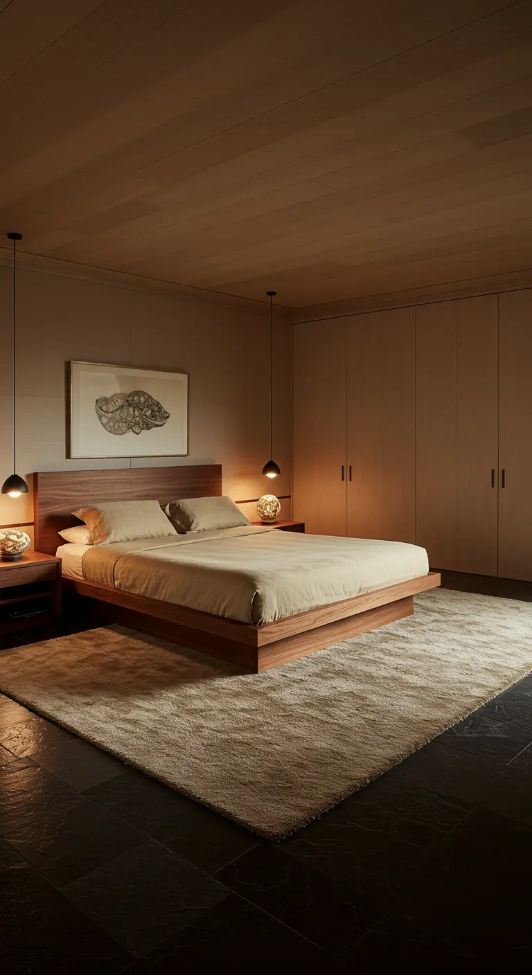 Donkere Japandi slaapkamer met tegelvloer, houten bed en ingebouwde kasten.