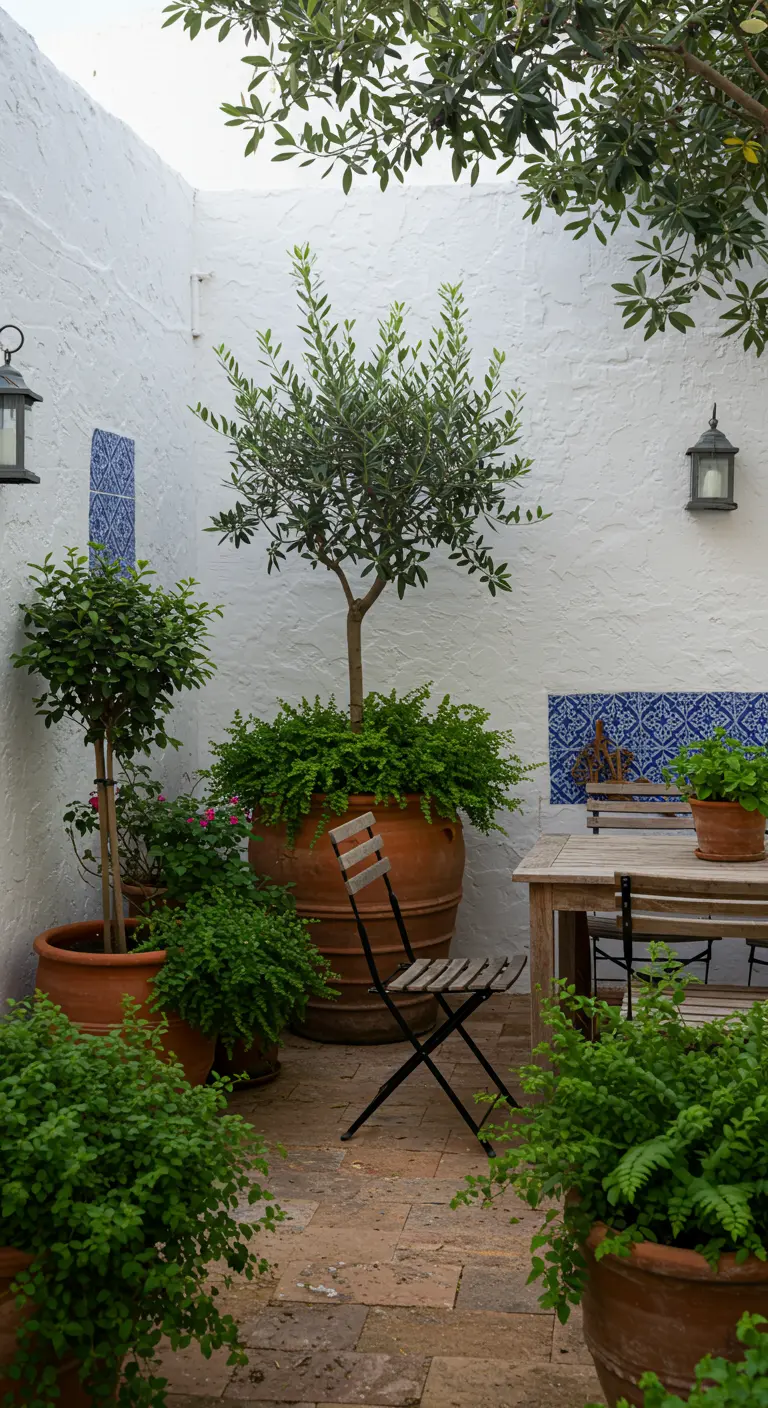 Patio met witte muren, olijfboom en Maagdenpalm in grote terracotta potten, houten eettafel.