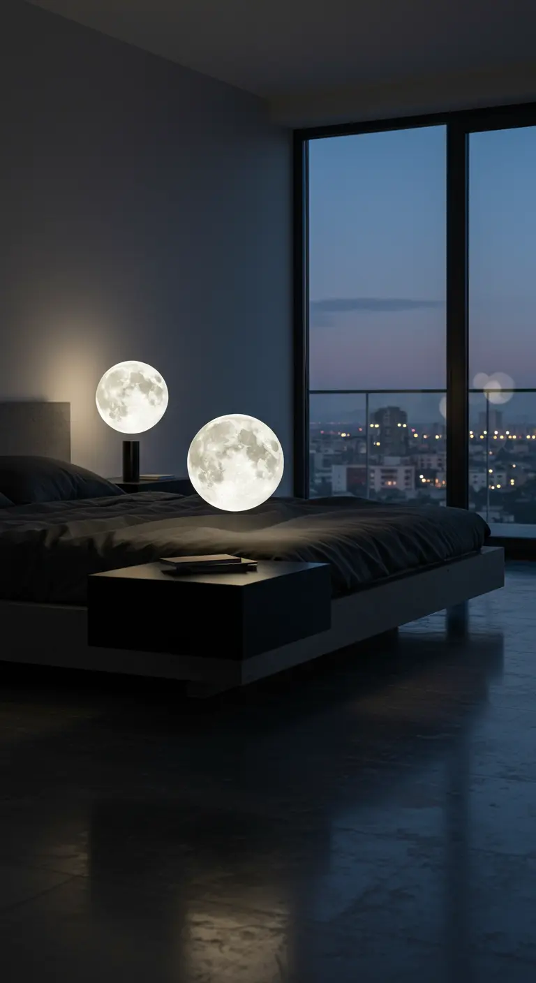 Twee bolvormige maanlampen verlichten een modern, donker bed met uitzicht op een stad bij nacht.