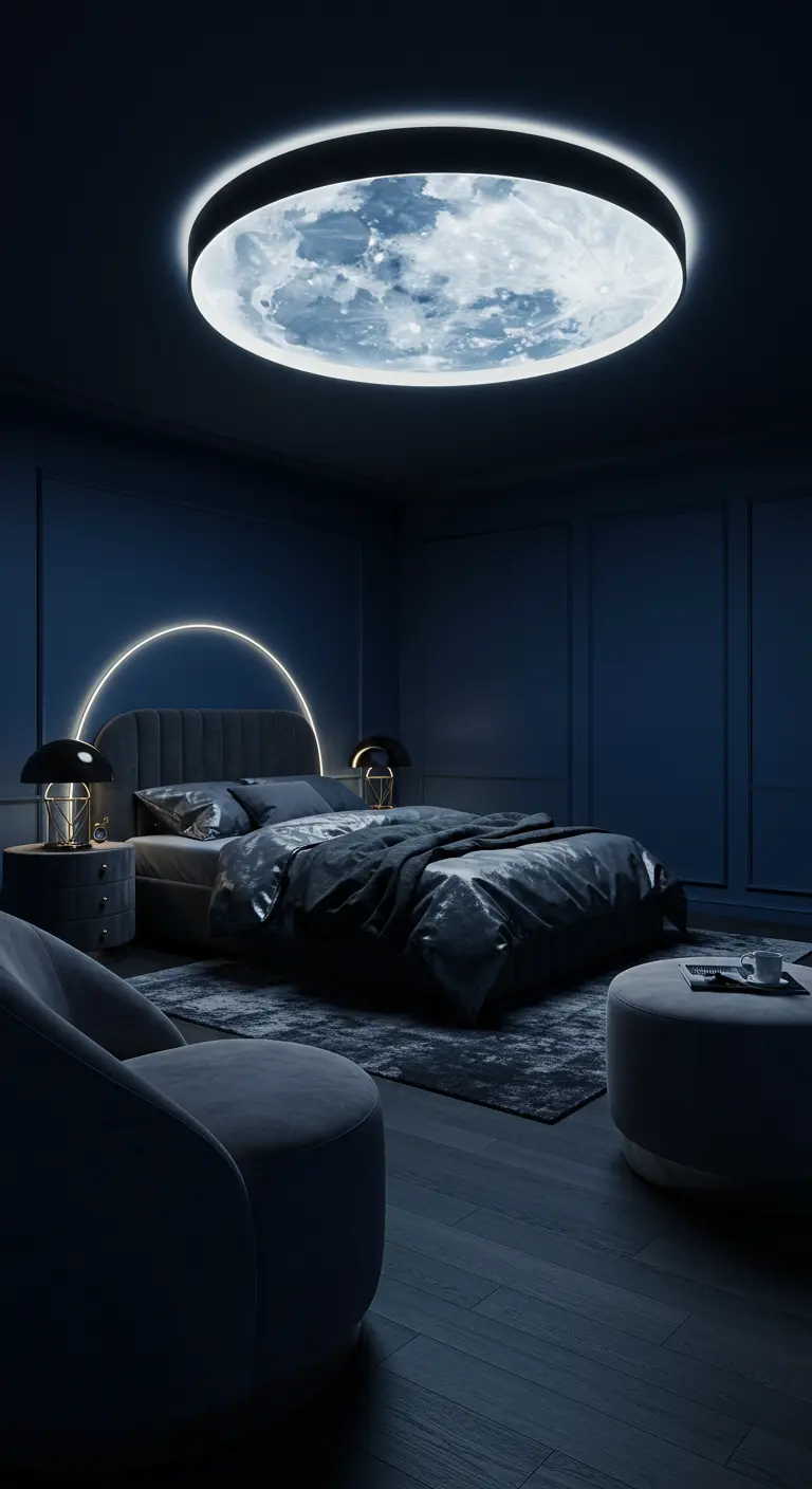 Donkerblauwe slaapkamer met een maanlamp aan het plafond en een verlichte boog achter het bed.