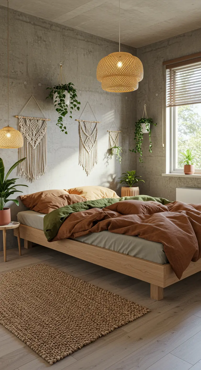 Bohemian slaapkamer met betonwand, macramé, planten en aardetinten.