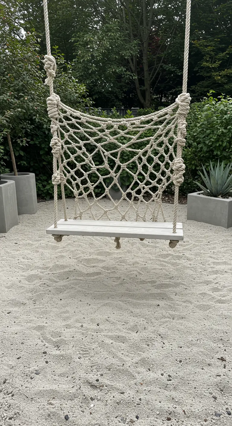 Witte schommelplank met macrame rugleuning op zand, omgeven door groene planten.