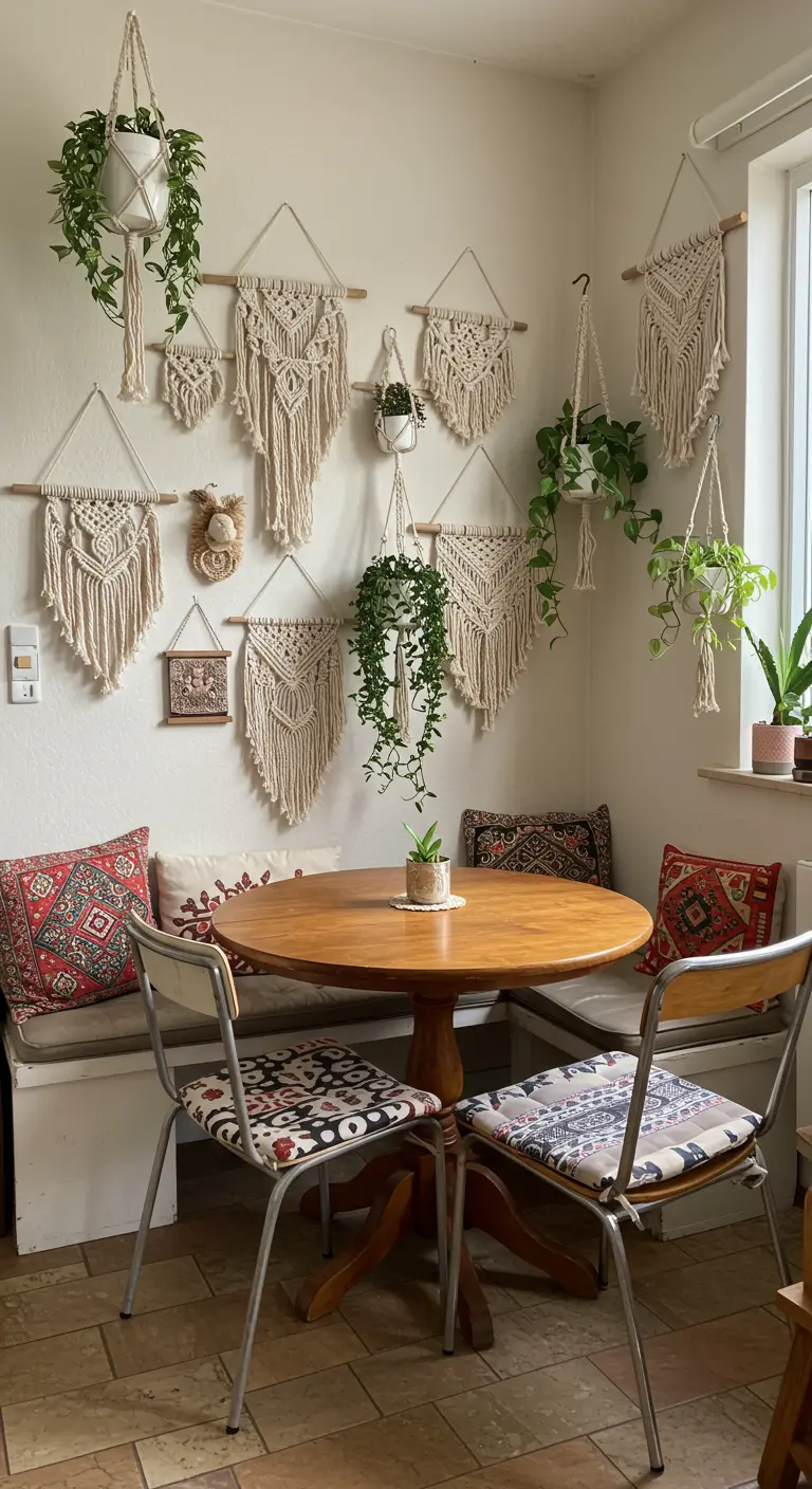 Bohemian eethoek met een witte muur vol macramé wandhangers en hangplanten.