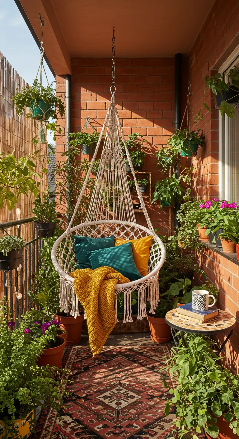 Bohemian balkon met macramé hangstoel, kleurrijke kussens, veel planten en Perzisch tapijt.