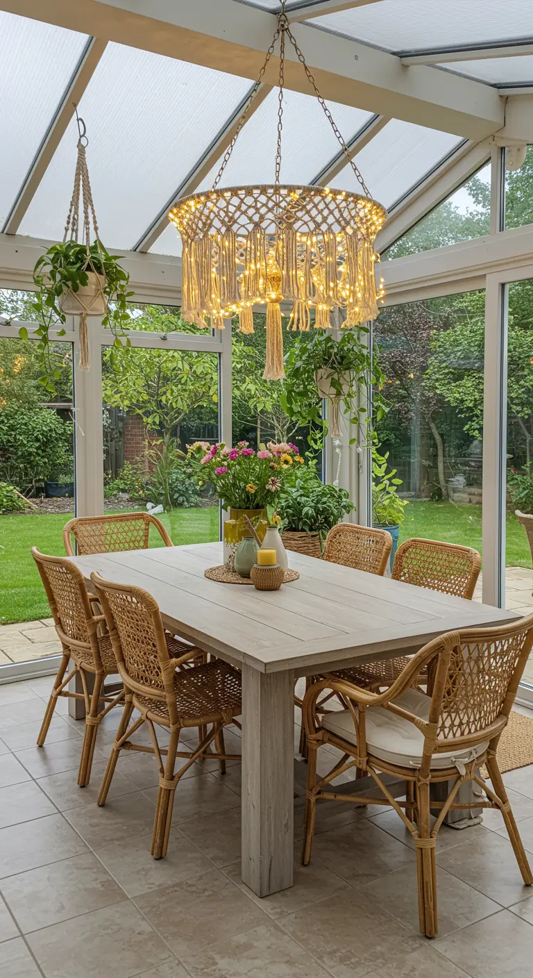 Grote ronde macramé hanglamp met lichtjes boven een houten eettafel in een lichte serre.