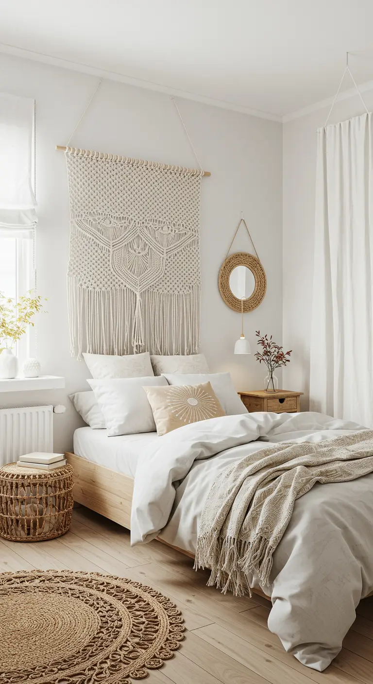 Groot macramé wandkleed boven een bed in een lichte, bohemian slaapkamer.