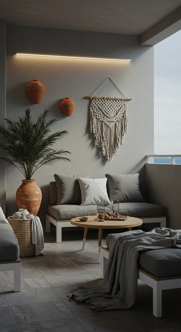 Modern balkon met grijze loungebank, macramé wandhanger en terracotta potten met palmen.