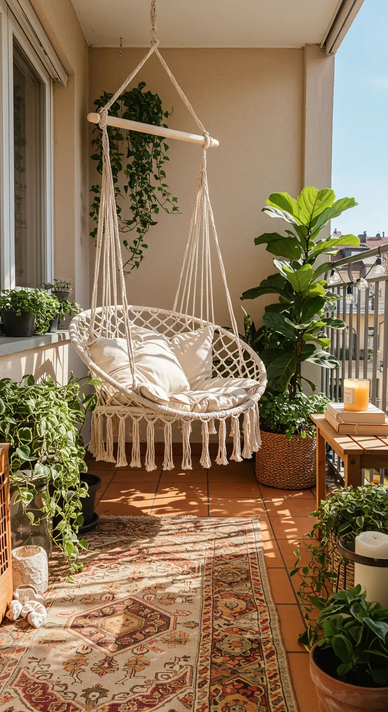 Witte macramé hangstoel op balkon met veel planten en een Perzisch tapijt.
