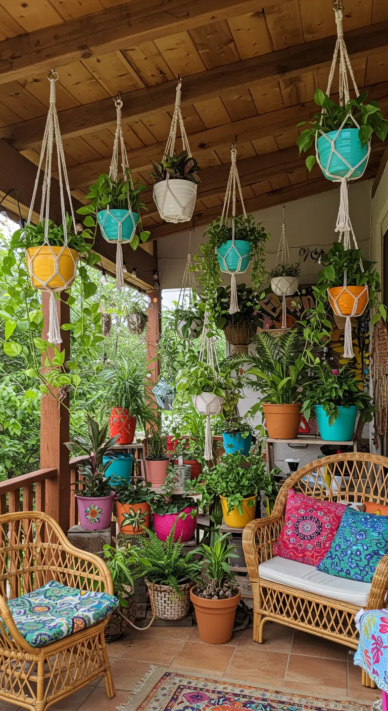 Veranda vol hangende planten in kleurrijke potten en macramé hangers, met rotan stoelen.