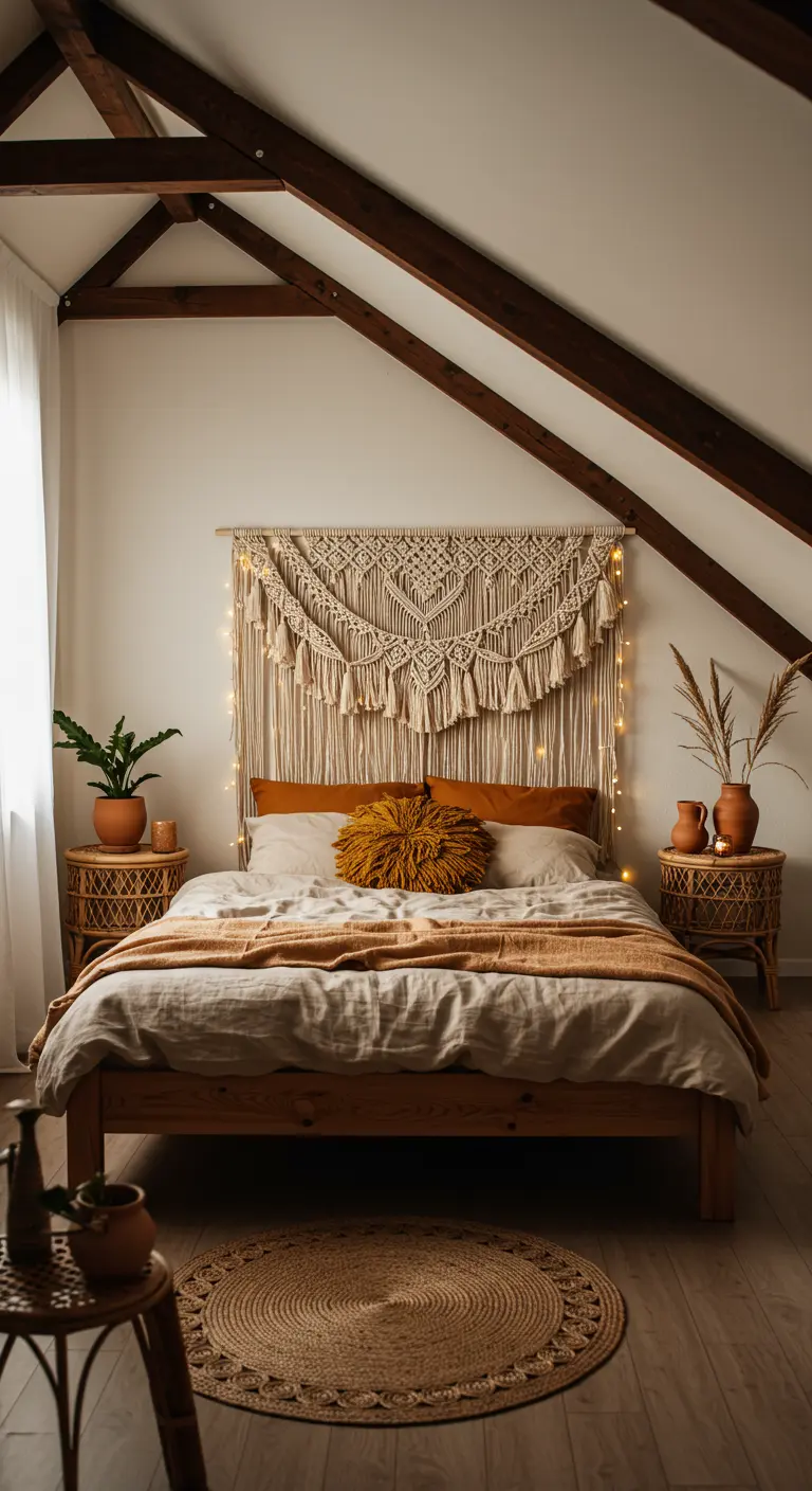 Bohemian slaapkamer met een groot macramé wandkleed als hoofdbord boven een houten bed.