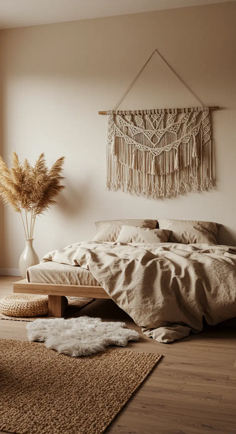 Boho slaapkamer met macramé wandhanger, linnen beddengoed en pampasgras.