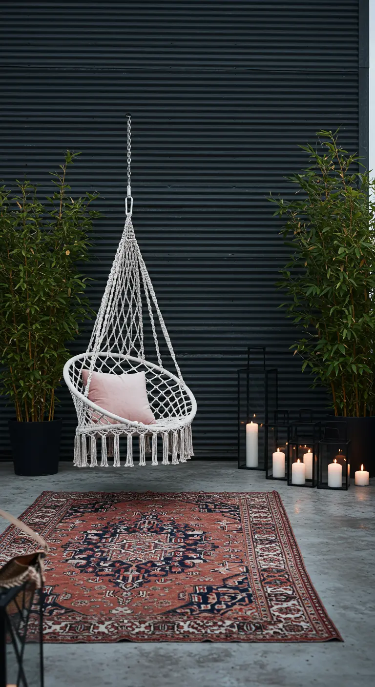 Witte macramé hangstoel voor donkere industriële wand met Perzisch tapijt.