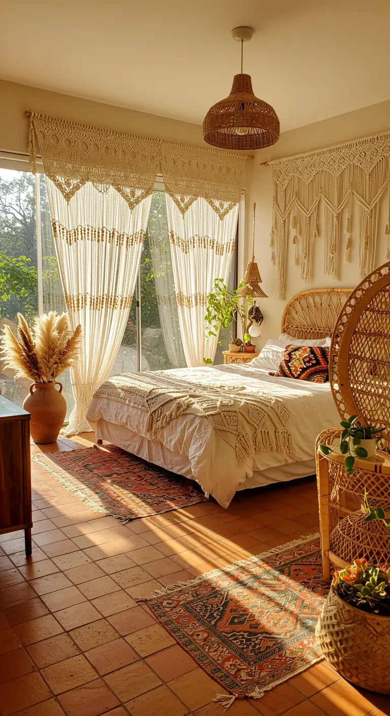 Boho slaapkamer met macramé gordijnen en zonlicht.