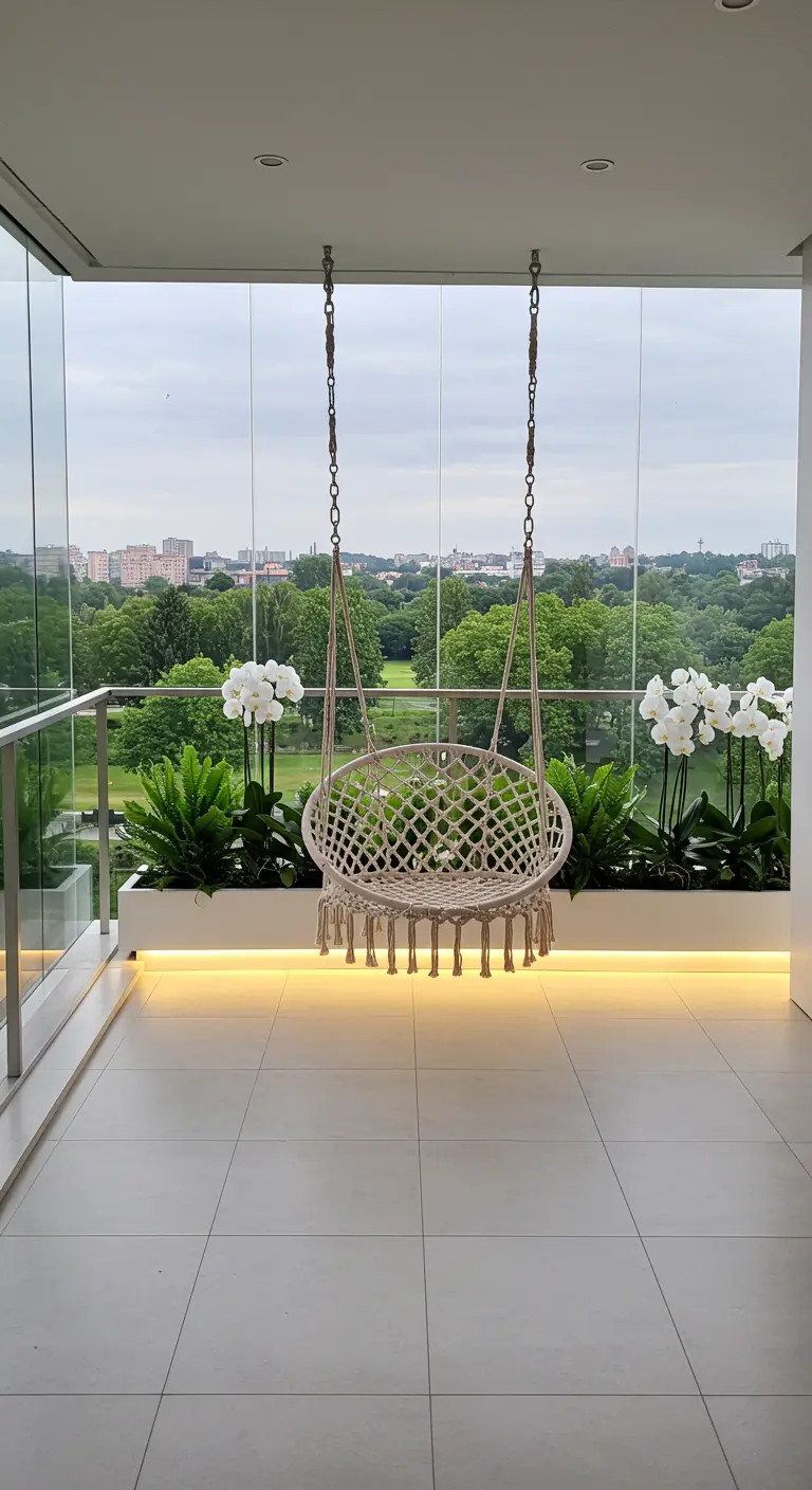 Macramé hangstoel op modern balkon met plantenbak vol witte orchideeën en uitzicht op park.
