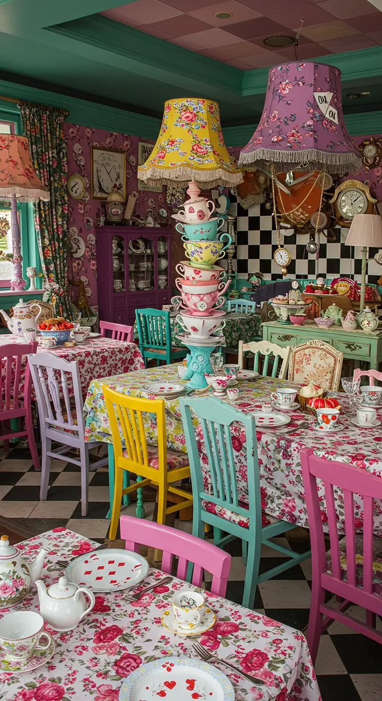 Kleurrijke en speelse Alice in Wonderland theekransje setting met mismatched servies.