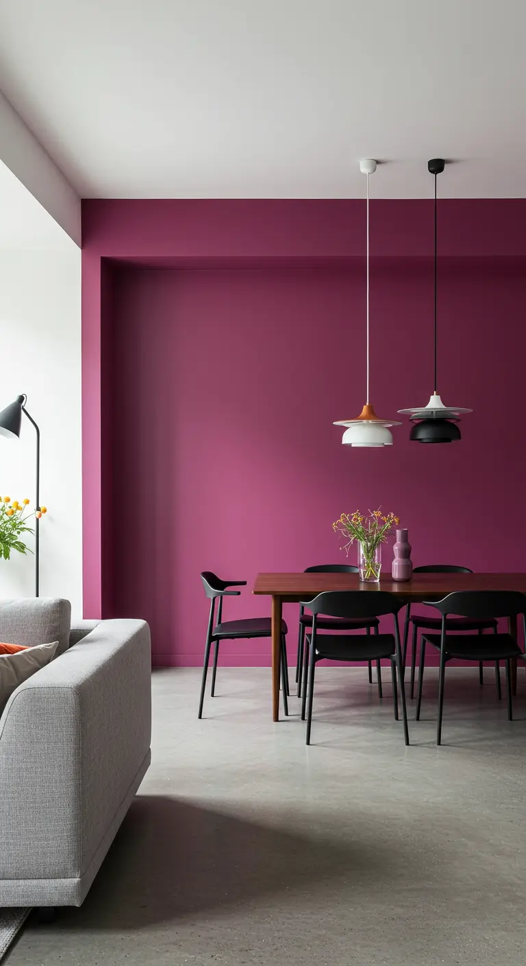 Open woonkamer met magenta accentmuur in eetgedeelte en zwarte eettafel.