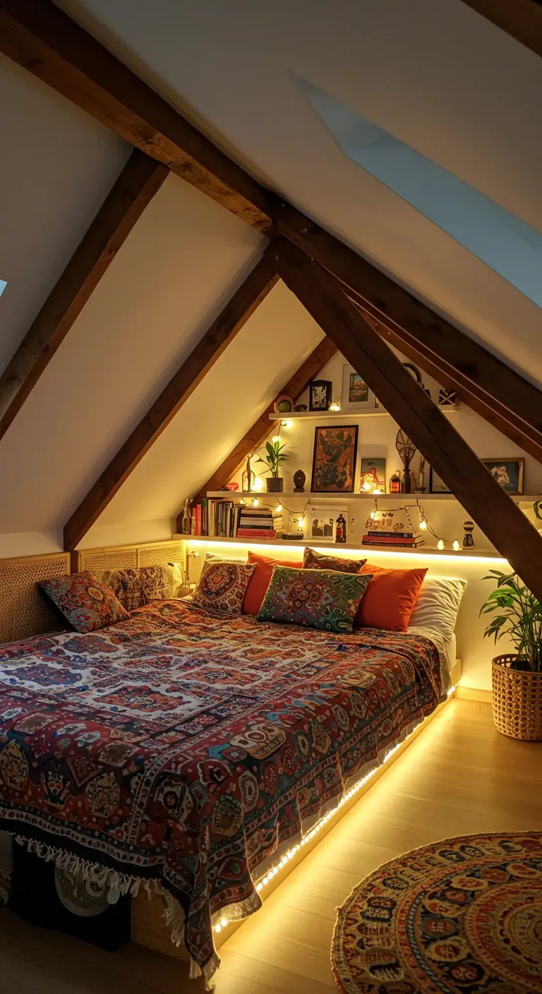 Knusse zolderkamer met lichtsnoer langs het bed en op planken voor een warme sfeer.