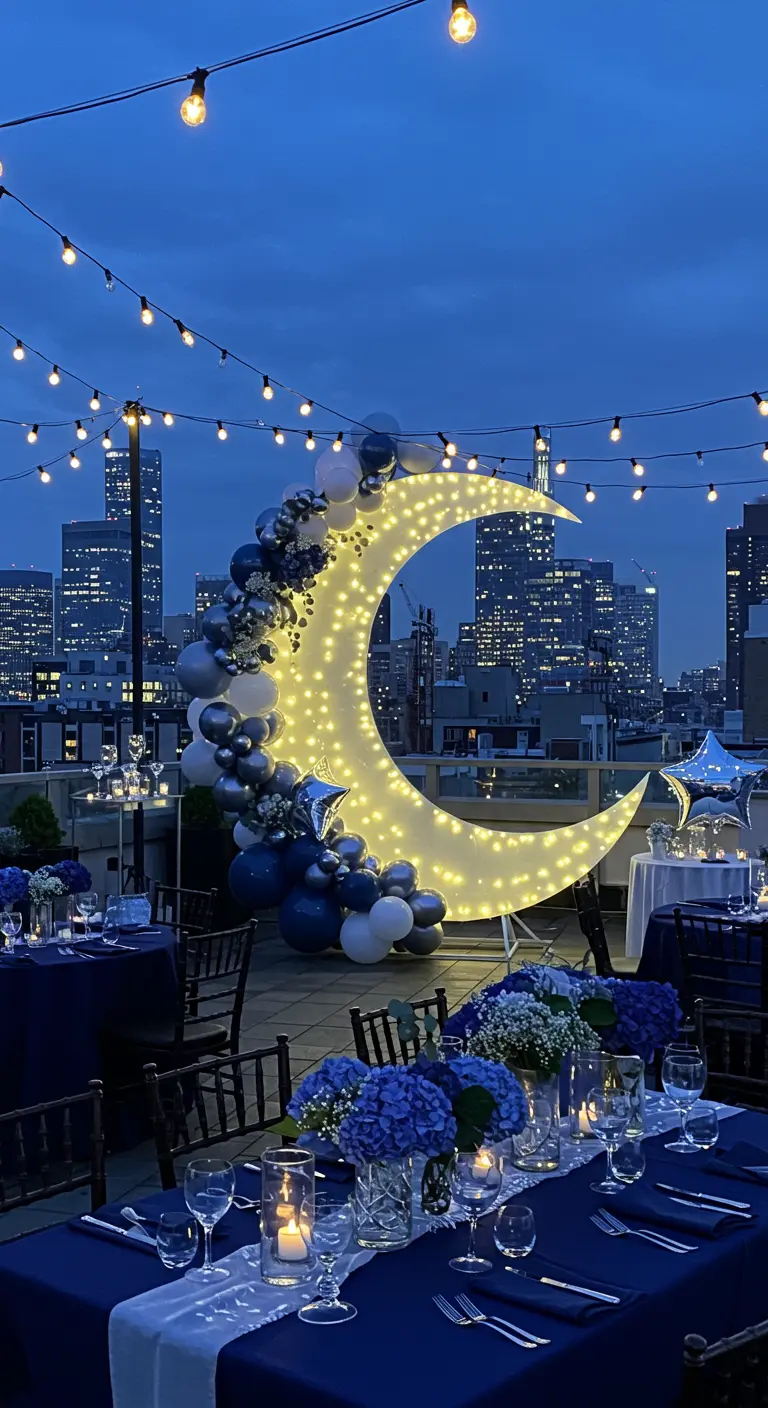 Dakterrasfeest met verlichte maan, blauw-zilveren ballonnen, blauwe bloemen en stadslichten.