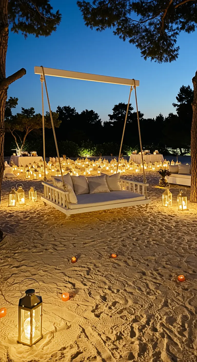 Wit daybed schommel verlicht met talloze lantaarns en kaarsen op zand in de schemering.