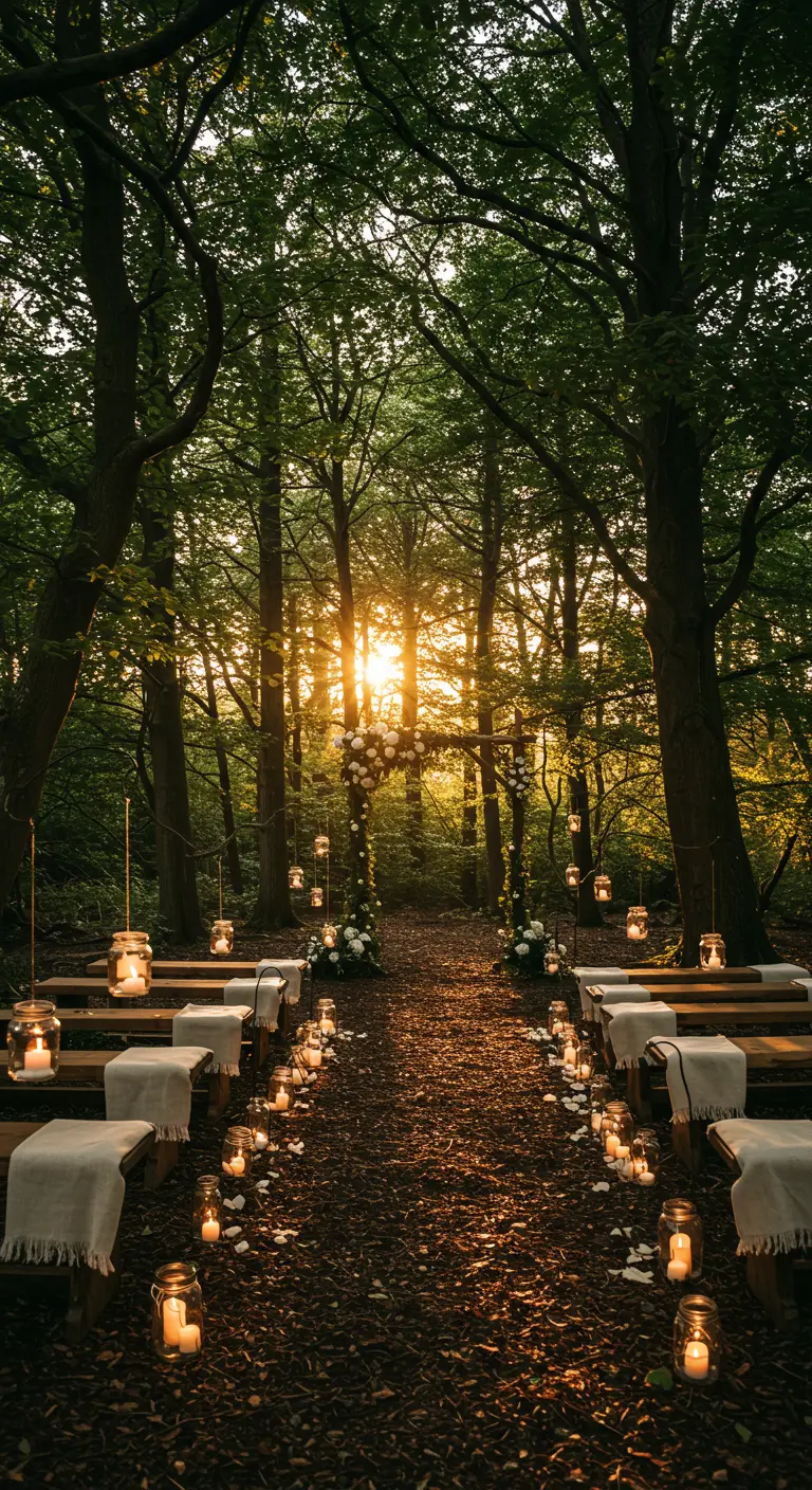 Boscereomie setting met houten bankjes, kaarsen in potten langs het gangpad en bij de altaarboog.