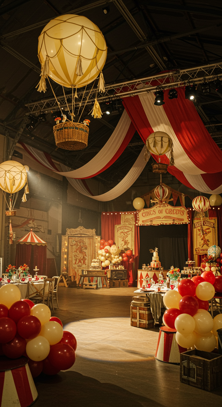 Circus thema feestdecoratie met rode, witte en gele ballonnen en luchtballonnen.