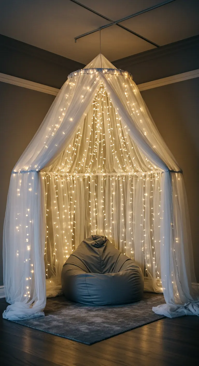 Witte klamboe tent versierd met talloze lichtjes en een grijze zitzak erin.