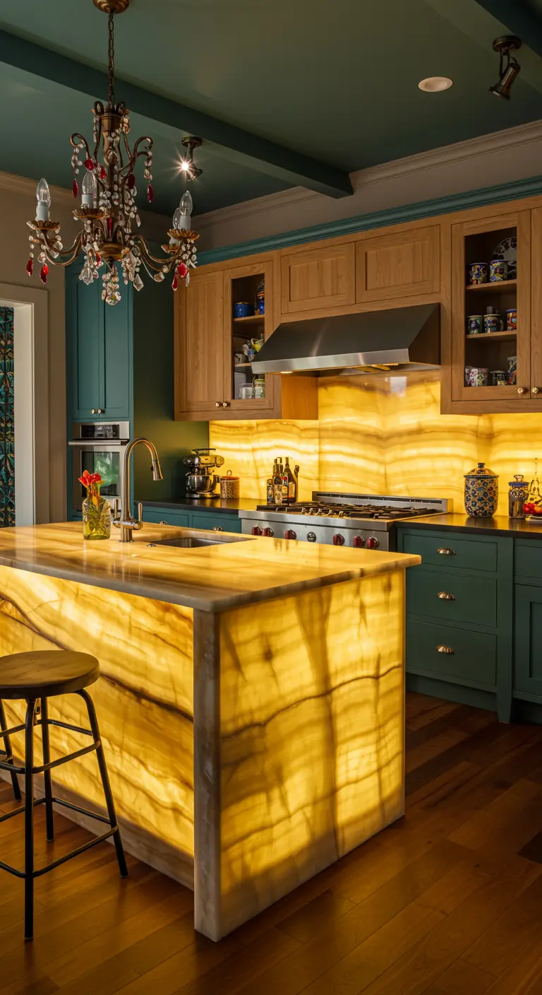 Keuken met donkergroene kasten en een spectaculair verlicht onyx kookeiland.