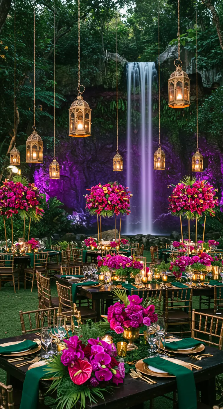 Dramatische bruiloftsdecoratie met paarse verlichting, smaragdgroene tafels en fuchsia bloemen bij een waterval.