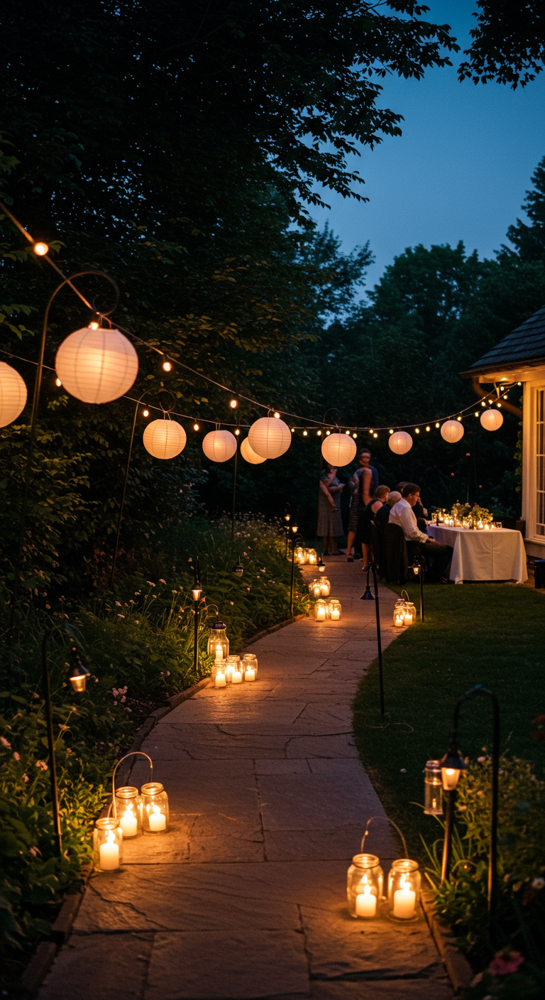 Tuinpad 's avonds verlicht met hangende lampionnen en kaarsen in potten.