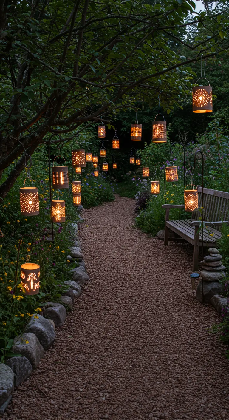 Tuinpad 's avonds verlicht door vele hangende en staande lantaarns.