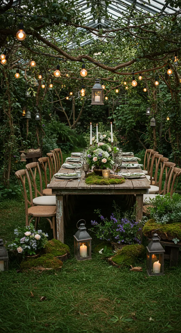 Sprookjesachtige tuintafel met lichtslingers, lantaarns en veel groen.