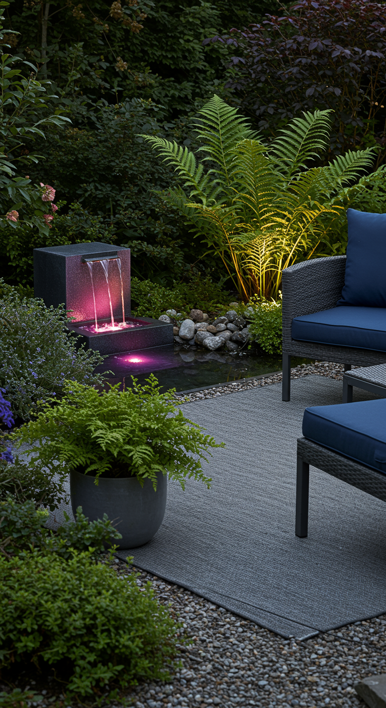 Tuin met modern waterornament verlicht met paars licht en varens.