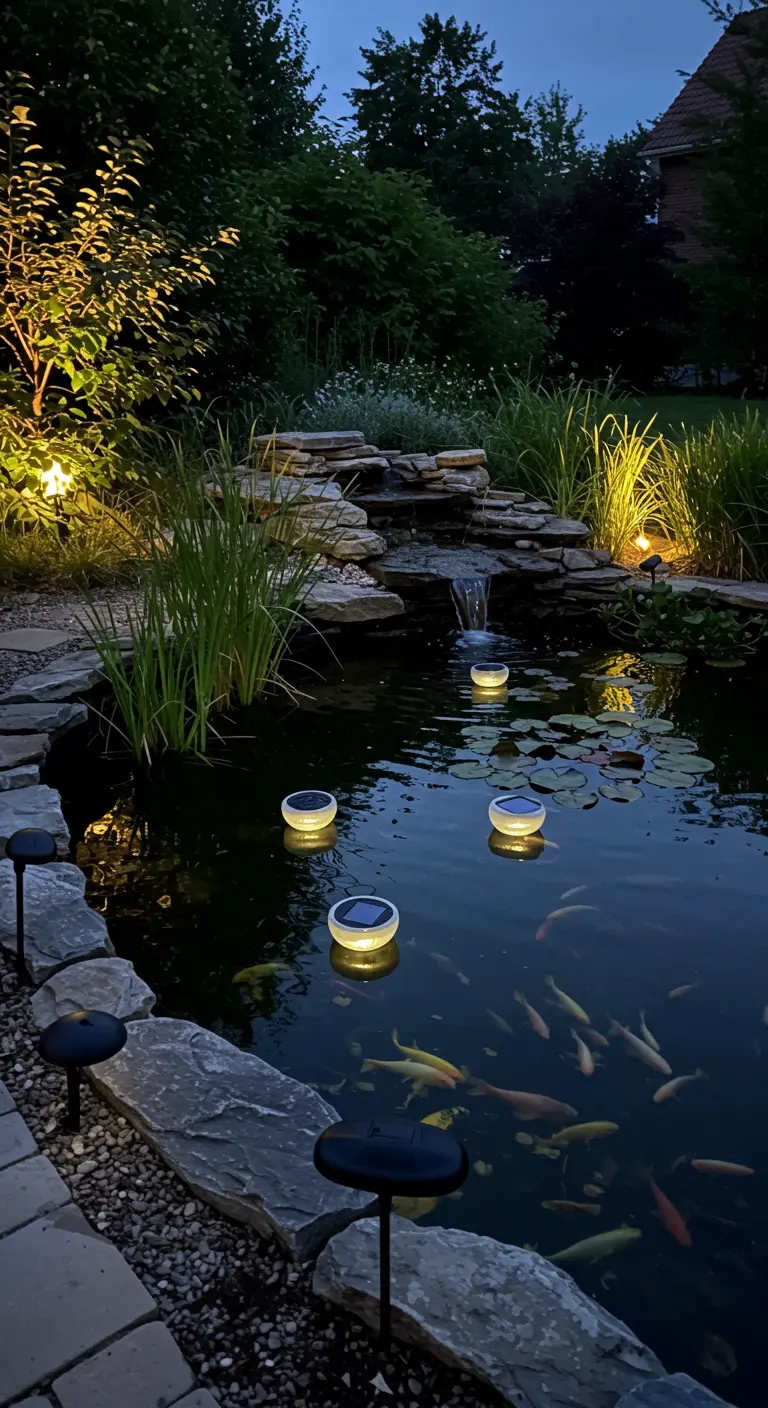 Vijver 's avonds met drijvende solarlampen, vissen en oeververlichting.